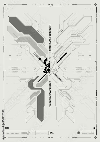 Tech Abstract poster template with HUD elements. cyber culture, Modern flyer for web and print. hacking, Cyberpunk futuristic samurai poster. programming and virtual environments.