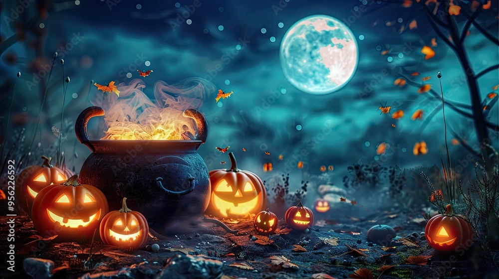 Fototapeta premium Halloween night with bubbling iron cauldron orange pumpkin jack o lanterns and a full moon