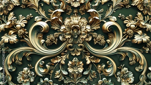 baroque floral emblem single decorative motif rich at the base sloping upwards clear visual from the front colors green gold white rich but with empty areas digital print close up view full motif in photo