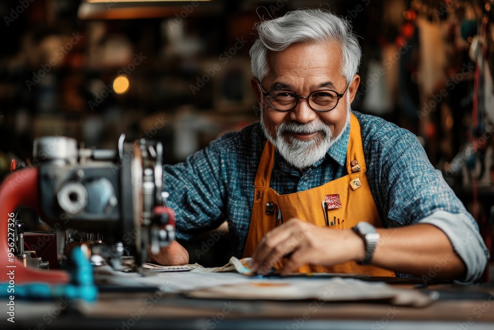 An elderly man with glasses and a white beard is crafting using a sewing machine while smiling warmly, surrounded by various crafting tools and materials in a workshop. An elderly man with glasses and a white beard is crafting using a sewing machine while smiling warmly, surrounded by various crafting tools and materials in a workshop.