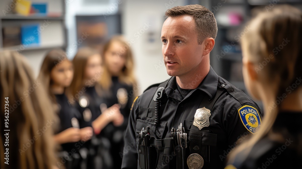 Officer providing a tour of the police station to local students, educating them about law enforcement roles and responsibilities. Officer providing a tour of the police station to local students, educating them about law enforcement roles and responsibilities.