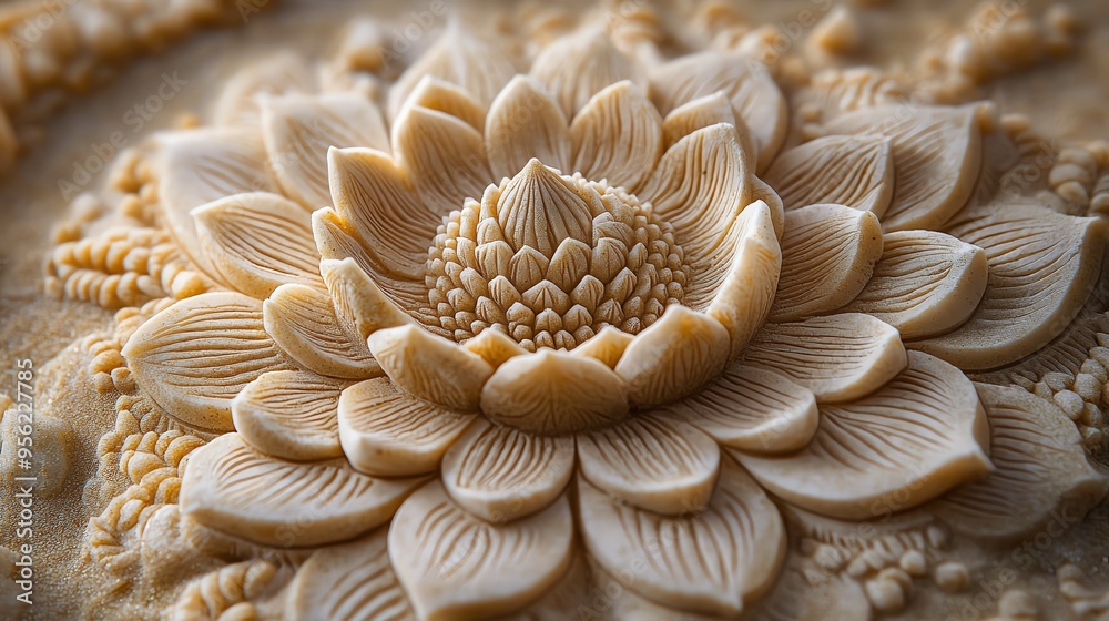 Close-up image of a beautifully detailed flower carving, showcasing intricate patterns and delicate craftsmanship. Ideal for artistic designs. Close-up image of a beautifully detailed flower carving, showcasing intricate patterns and delicate craftsmanship. Ideal for artistic designs.