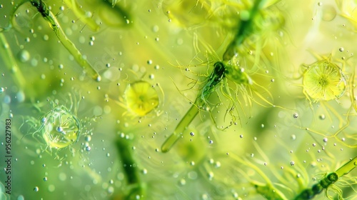 Fresh pond water plankton and algae at the microscope Vorticella convallaria soft focus