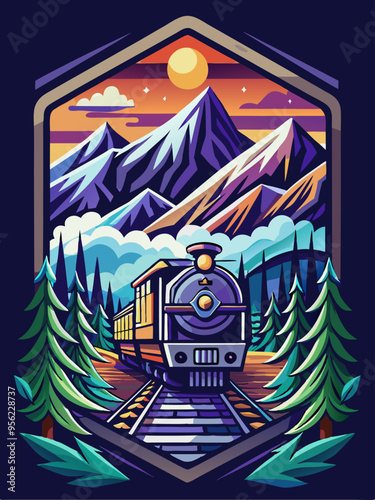 Train Traveling Through Mountainous Landscape at Sunset