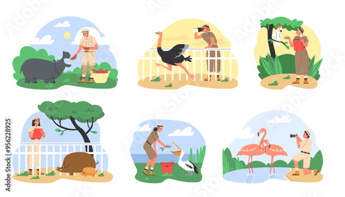 Zoologists and animals vector illustration set