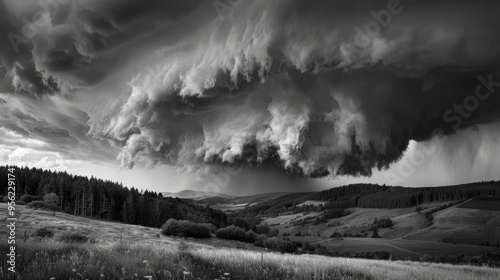 Summer storm cyclone over field hills and forest Big spooky scary heavy rainy cloud over the valley black and white photography photo