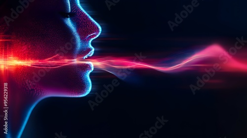 Double exposure of a digital voice assistant and soundwaves, representing AI-powered speech technology.--style raw