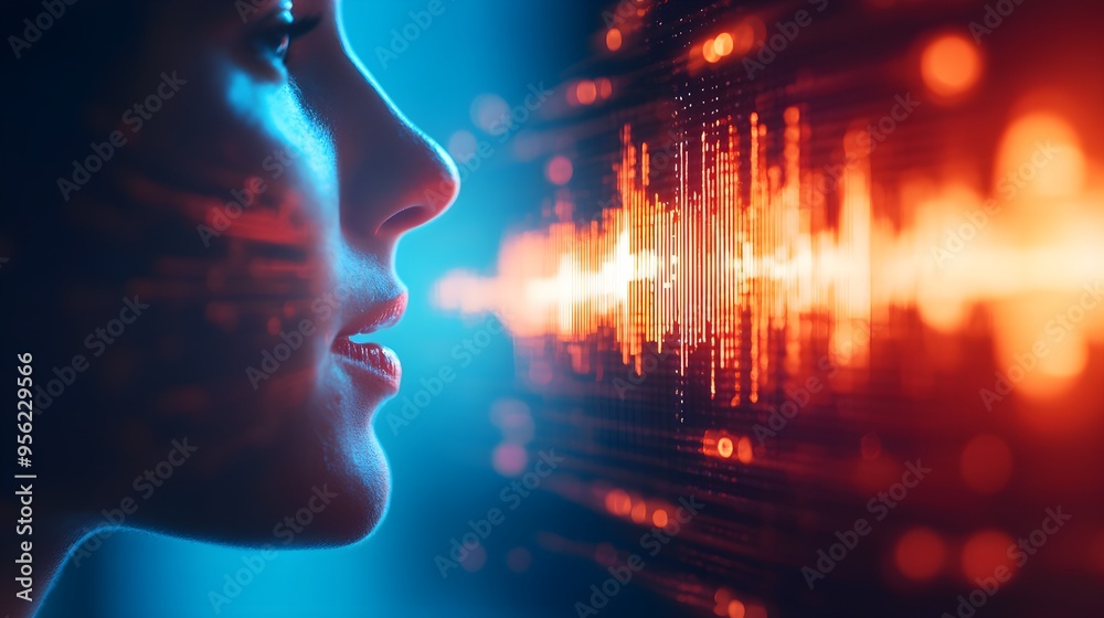 Close-up of a speaker's face overlaid with dynamic soundwaves, blending into a high-tech speech analysis interface, highlighting audio waveforms and metrics Close-up of a speaker's face overlaid with dynamic soundwaves, blending into a high-tech speech analysis interface, highlighting audio waveforms and metrics