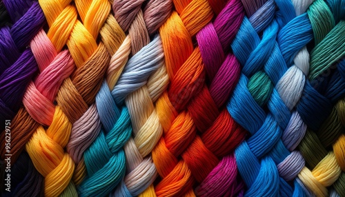 Colorful strands of thread intricately woven together, showcasing a vibrant palette, perfect for textile-related projects.
