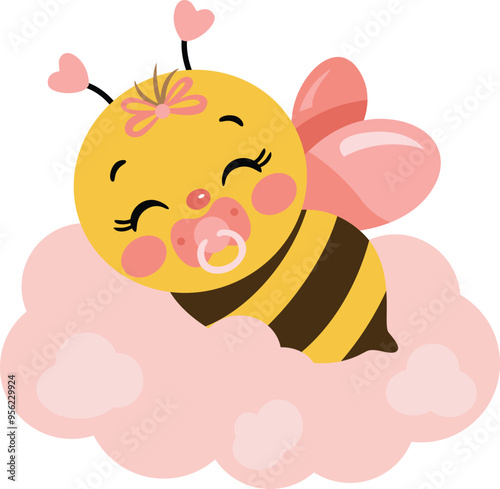 Baby girl bee sleeping on pink cloud