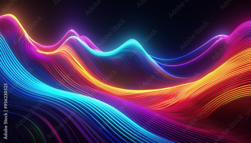 Vibrant wave patterns in neon colors create a stunning visual display, perfect for digital backgrounds and modern designs.
