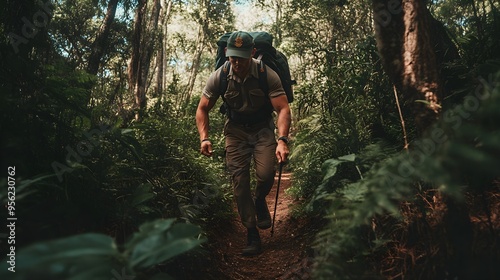 Park Ranger Hiking Through Forest A muscular park ranger in full gear confidently navigating a challenging forest trail, demonstrating physical fitness and commitment to environmental protection