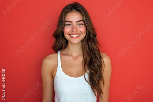 Cheerful girlfriend in white tank top smiles in full body photo