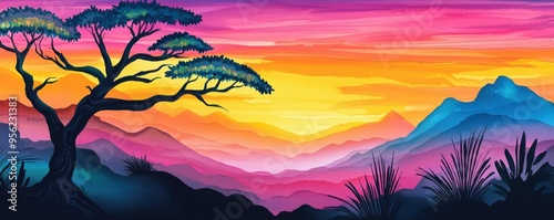 Exotic landscape, vibrant sunset with sharp silhouettes, Watercolor style