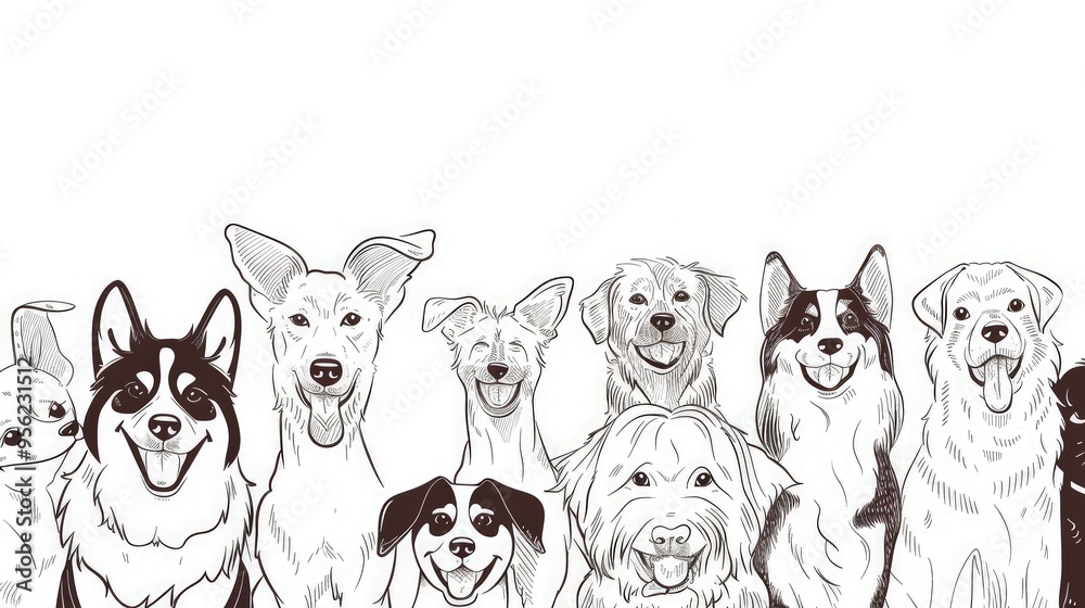 Fototapeta premium A minimalistic line art of a group of happy dogs of various breeds, each drawn with simple strokes and joyful expressions, on a white background.