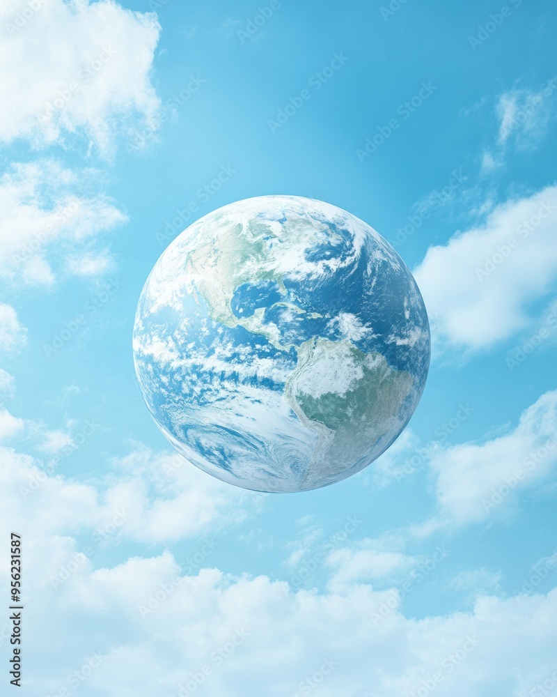 A beautiful earth globe floating against a bright blue sky, surrounded by fluffy clouds, symbolizing nature and sustainability. A beautiful earth globe floating against a bright blue sky, surrounded by fluffy clouds, symbolizing nature and sustainability.