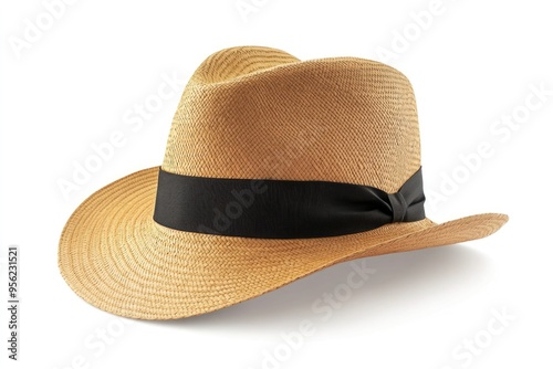 Panama hat style straw hat with black ribbon for head protection.