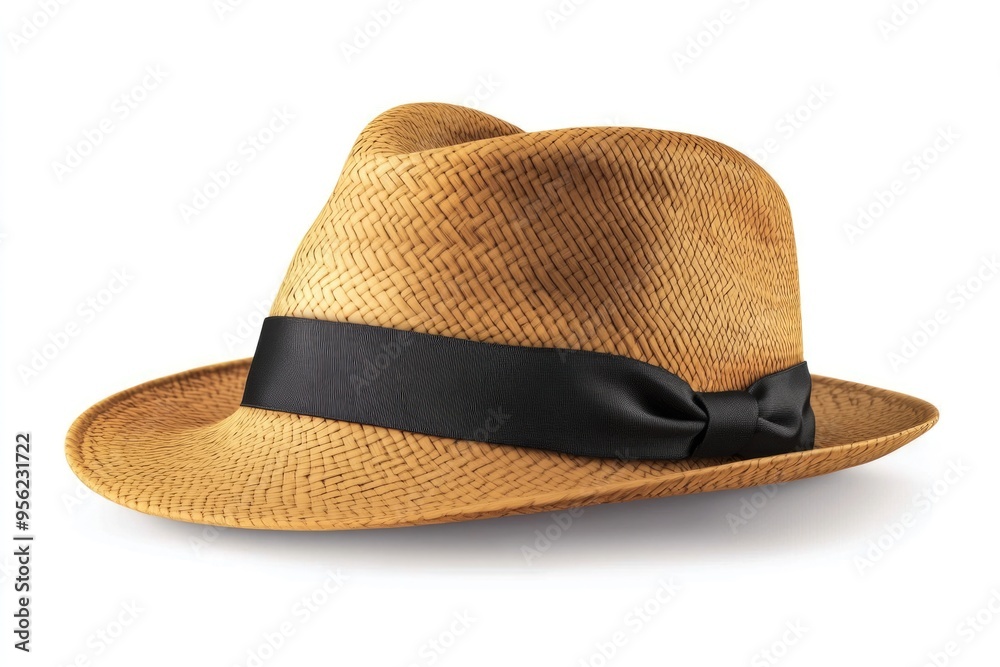 Straw fedora hat with black ribbon on white background. Straw fedora hat with black ribbon on white background.