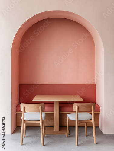 Stylish minimalist dining area with an archway, featuring a wooden table and light-colored chairs in soft pink tones.