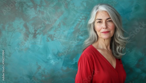 Beautiful older woman in her fifties with gray hair, wearing red and standing against an abstract blue background Attractive, confident middle aged woman looking to the side and smiling softly