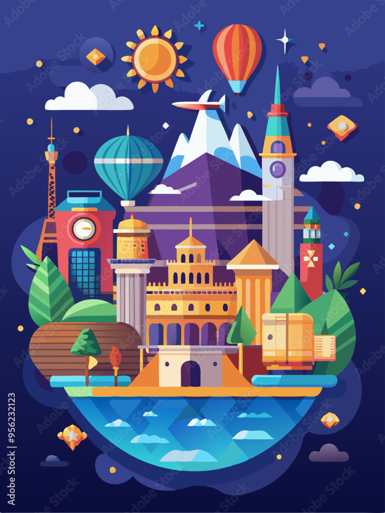 Obraz premium A Vibrant Cityscape with Towers, Balloons, and Mountains