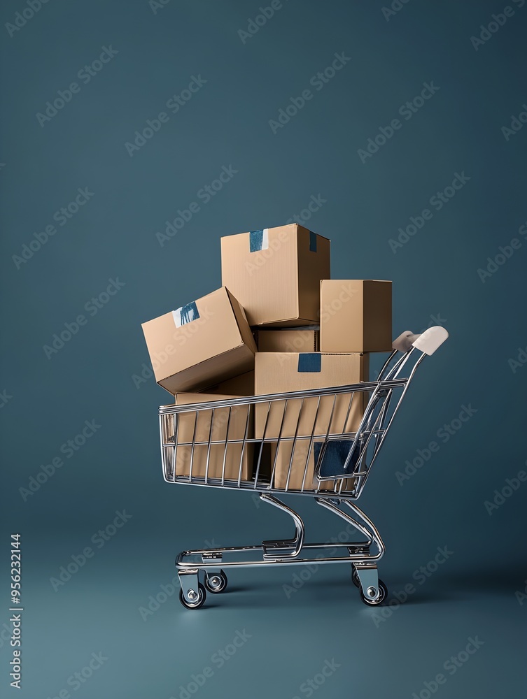 Shopping Cart Full of Boxes, Online Shopping, Delivery, Ecommerce, Minimalist. Shopping Cart Full of Boxes, Online Shopping, Delivery, Ecommerce, Minimalist.