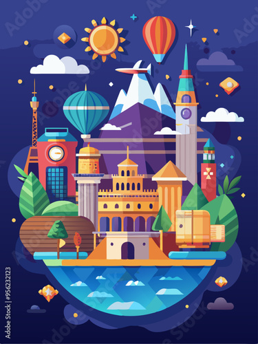 A Vibrant Cityscape with Towers, Balloons, and Mountains