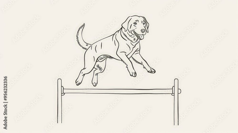 Φωτογραφία A minimalistic portrayal of a happy dog jumping over a hurdle, captured in a simplistic ink line art style on a pure white background