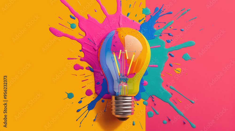 Vibrant Paint-Splattered Light Bulb, a colorful bulb immersed in dynamic paint splashes, symbolizing creativity and energy, ideal for commercial projects and artistic displays Vibrant Paint-Splattered Light Bulb, a colorful bulb immersed in dynamic paint splashes, symbolizing creativity and energy, ideal for commercial projects and artistic displays