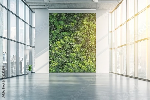 Modern office with green living wall  city view