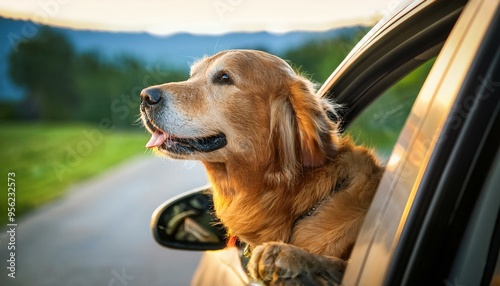 愛犬とドライブ。車の窓から顔を出しているゴールデンレトリバー。（Driving with dog. A Golden Retriever peeking out of a car window.） 