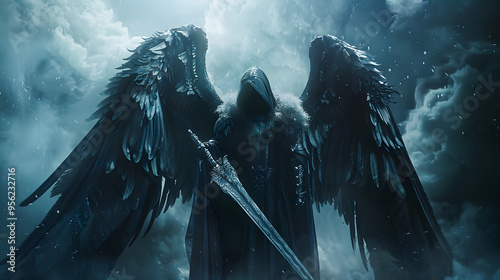 Fotografie Dark angel holding big silver sword at dark fantasy scene