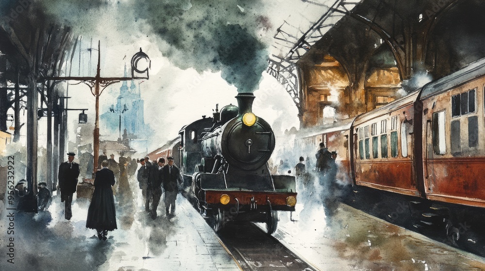 Obraz premium Steam Train Arriving at a Historic Station