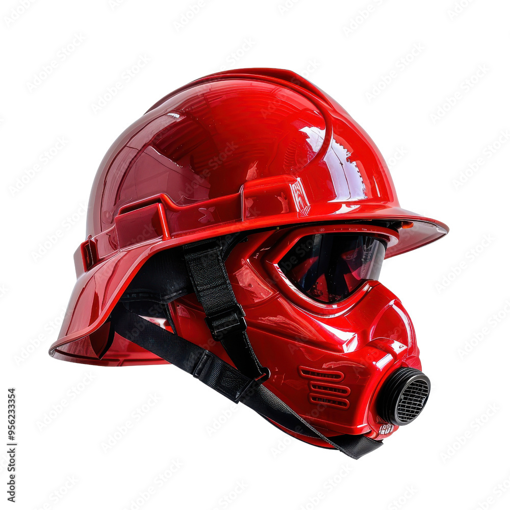 A striking red safety helmet with integrated mask, ideal for construction and emergency services, showcasing durability and style. A striking red safety helmet with integrated mask, ideal for construction and emergency services, showcasing durability and style.