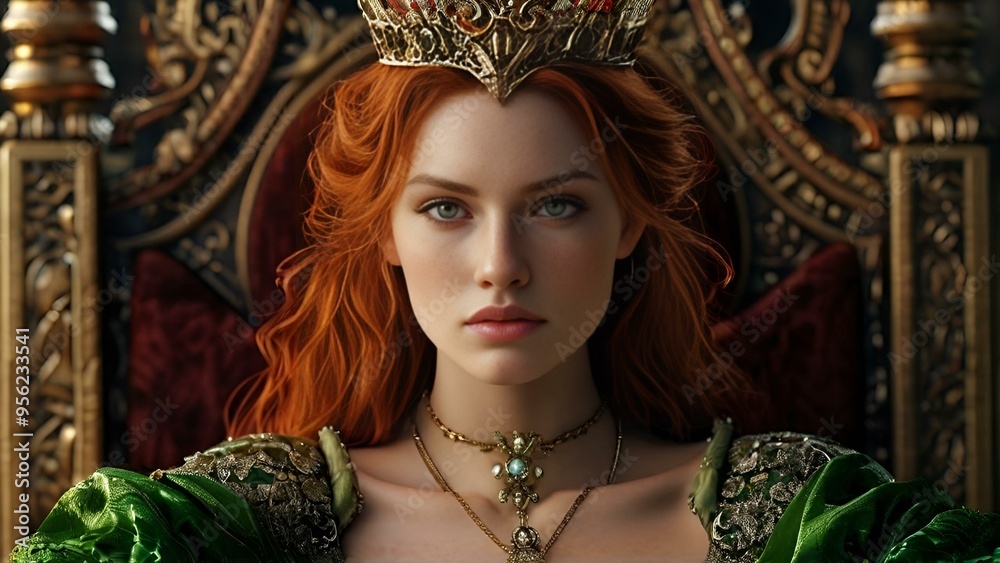 A woman with red hair elegantly wears a crown, exuding a regal and confident presence. A woman with red hair elegantly wears a crown, exuding a regal and confident presence.