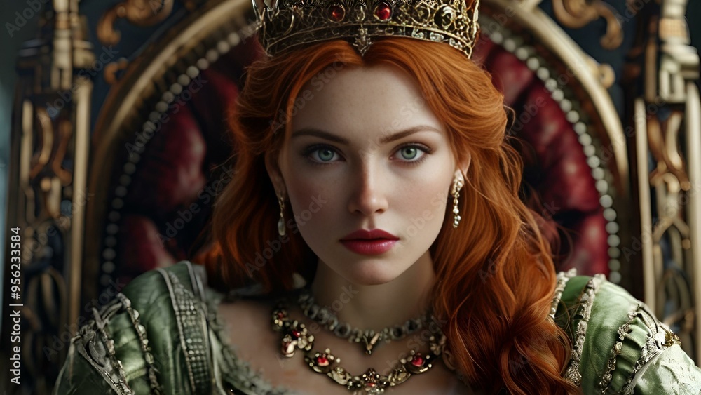 A woman with red hair elegantly wears a crown, exuding a regal and confident presence. A woman with red hair elegantly wears a crown, exuding a regal and confident presence.