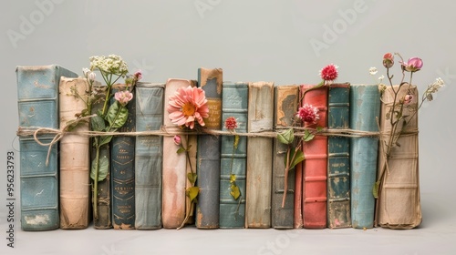 A retro set of books with worn pages, tied with rope and complemented by a sprig of pink flowers, offering a touch of grunge beauty.