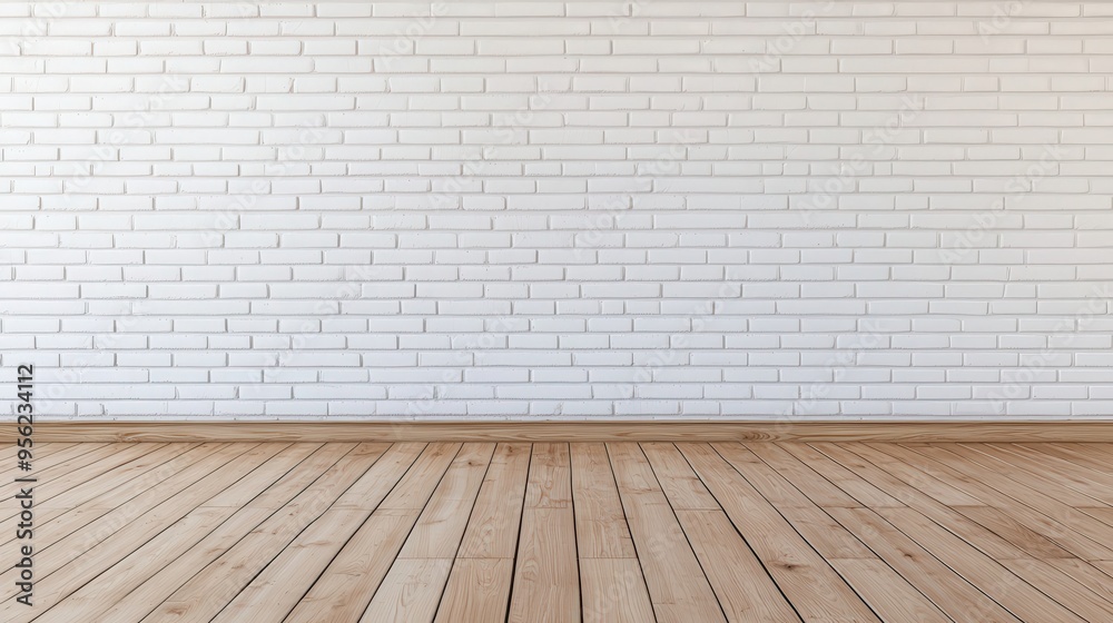 Fototapeta premium Urban minimalist space, white brick wall, empty wooden floor, ideal for showcasing modern design, versatile backdrop for creativity and inspiration in interior decor