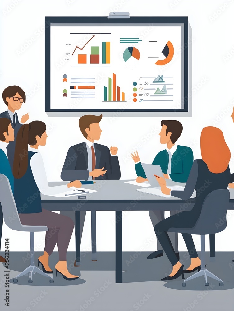 Team of business people, coworkers and colleagues, conducting a working meeting or presentation in the office. Teamwork, collaboration, and group dynamics in a professional setting Team of business people, coworkers and colleagues, conducting a working meeting or presentation in the office. Teamwork, collaboration, and group dynamics in a professional setting
