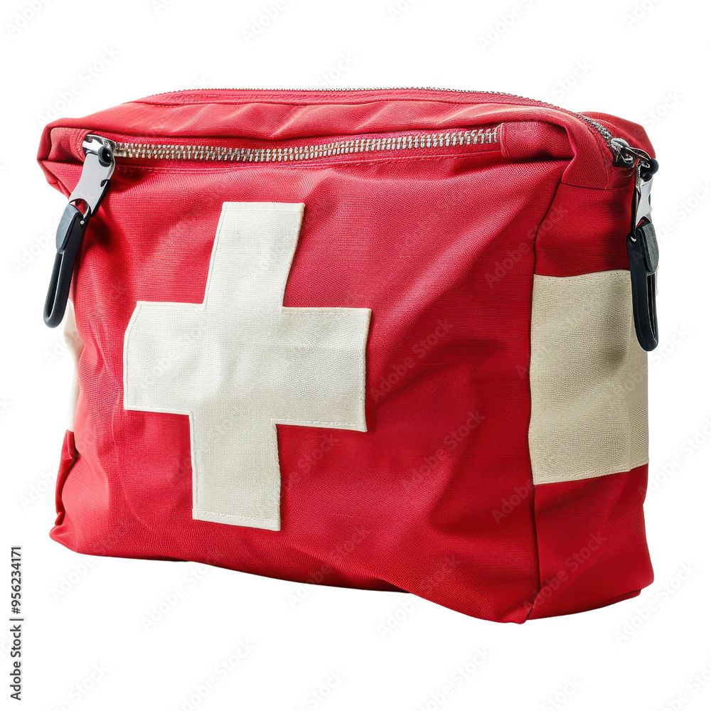 Naklejka premium Stylish red bag with emblem featuring a white cross, perfect for travel, outdoor activities, and everyday use.