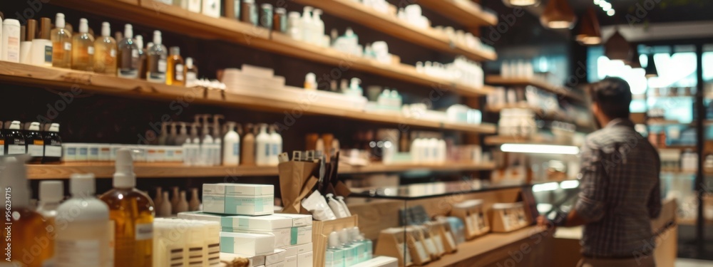 Organic skincare products on wooden shelves in a cozy store