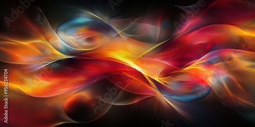 Abstract Digital Artwork with Intertwining Glowing Lines in Red, Yellow, and Blue Hues photo