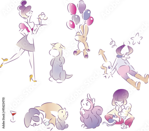 Vector illustrations of people and pets enjoying a home party. Bartender making cocktails. a waitress serving drinks at a party. Cartoon style. White background. party20