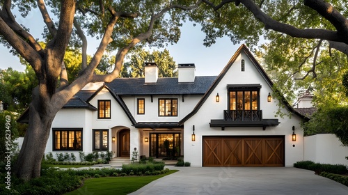 the front view exterior, white brick home with dark wood accents and gable roof in beverly hills california. large oak trees surround house