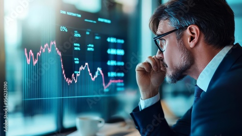 Businessman observing a falling interest rate graph with concern, economic downturn visualization