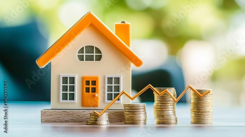 Falling interest rates visualized with a house and a declining mortgage rate symbol