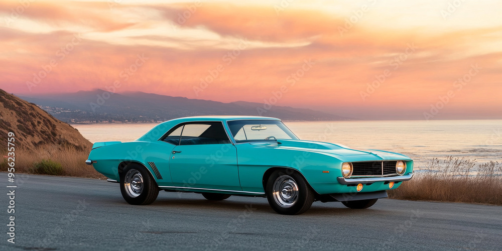 Naklejka premium Driving an Old Light Blue Car