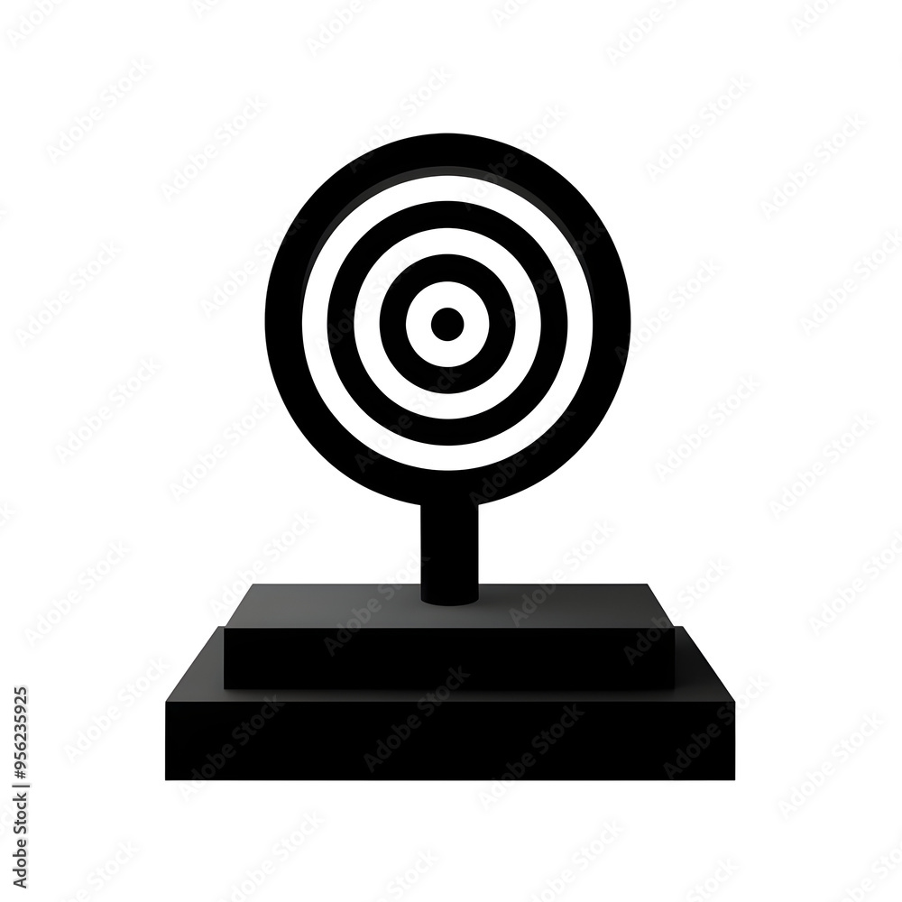 Black and white target icon with concentric circles on a black pedestal with two steps isolated on transparent background. Black and white target icon with concentric circles on a black pedestal with two steps isolated on transparent background.