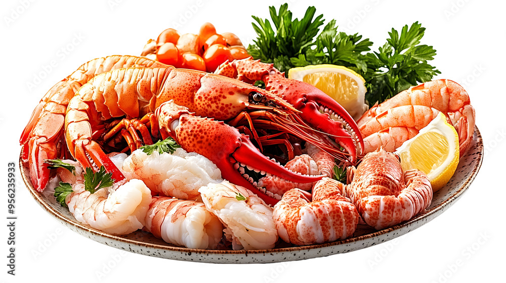 Freshly cooked lobster and shrimp with lemon wedges and parsley on a plate isolated on a transparent background. Freshly cooked lobster and shrimp with lemon wedges and parsley on a plate isolated on a transparent background.