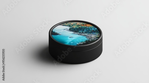 A compact powder case mockup with a top surface inlaid with a mosaic of recycled materials forming a landscape scene of forests and rivers, showcasing recycling and environmental diversity.